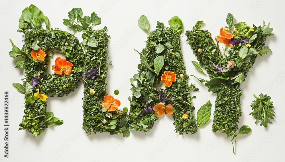 Word PLAY Made From Fresh Herbs And Flowers Isolated, On White Background With Copy Space.