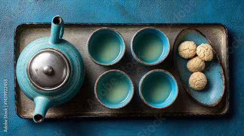 Obraz na płótnie Vibrant Tea Set with Cookies on Textured Blue Surface w salonie