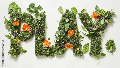 Obraz na płótnie Word PLAY Made From Fresh Herbs And Flowers Isolated, On White Background With Copy Space. w salonie