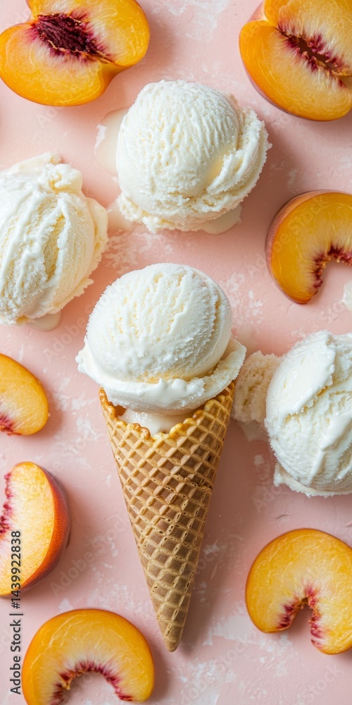 Peach Ice Cream Scoops in Waffle Cone with Fresh Peach Slices, Summer Dessert Concept
