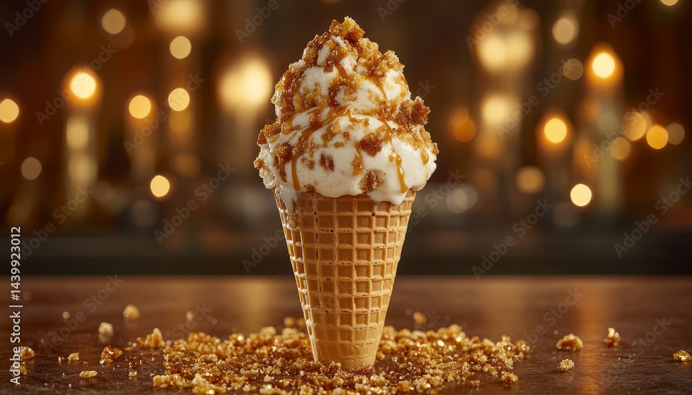 Delicious Caramel Swirl Ice Cream Cone Treat on Golden Background with Crunchy Crumbs