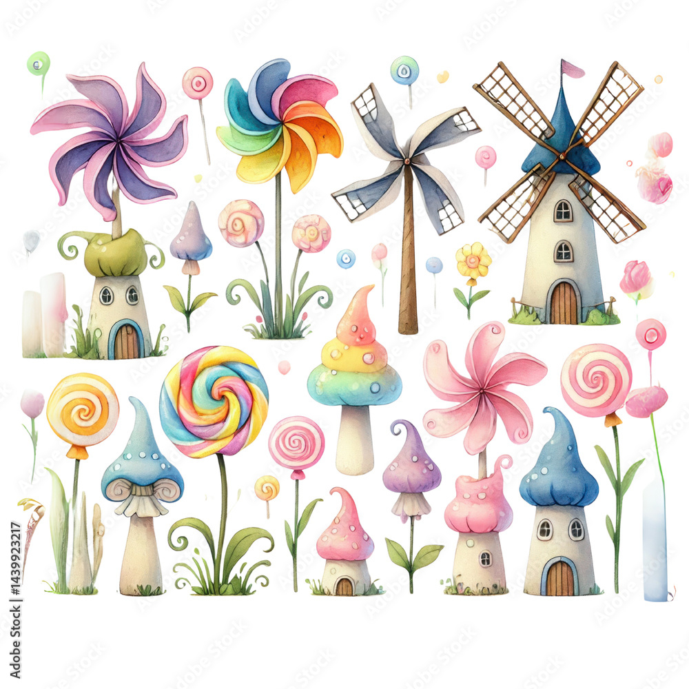 Whimsical Colorful Garden with Lollipops, Flowers, Charming Windmill, and Magical Mushrooms in a Fairy Tale Style for Creative Projects