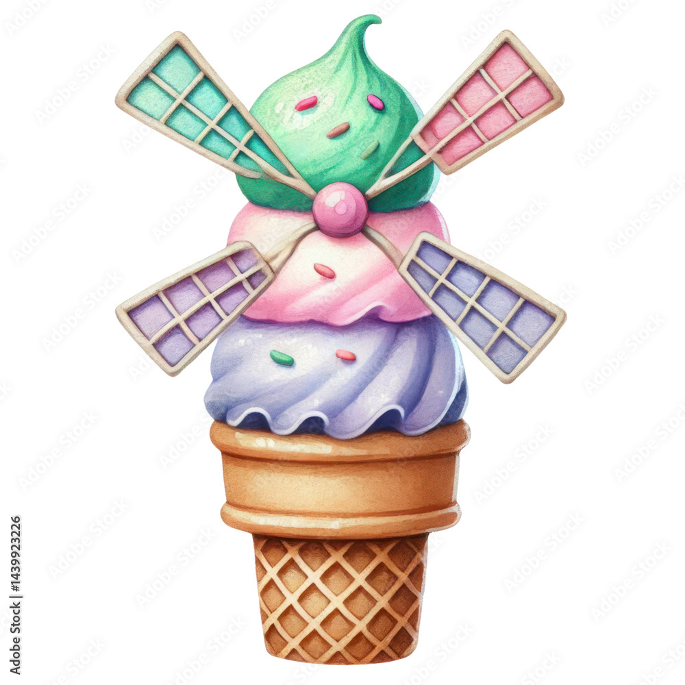 Colorful ice cream cone with mint swirl and decorative wafer sticks in a waffle cone for summer dessert enjoyment and sweet treat delights