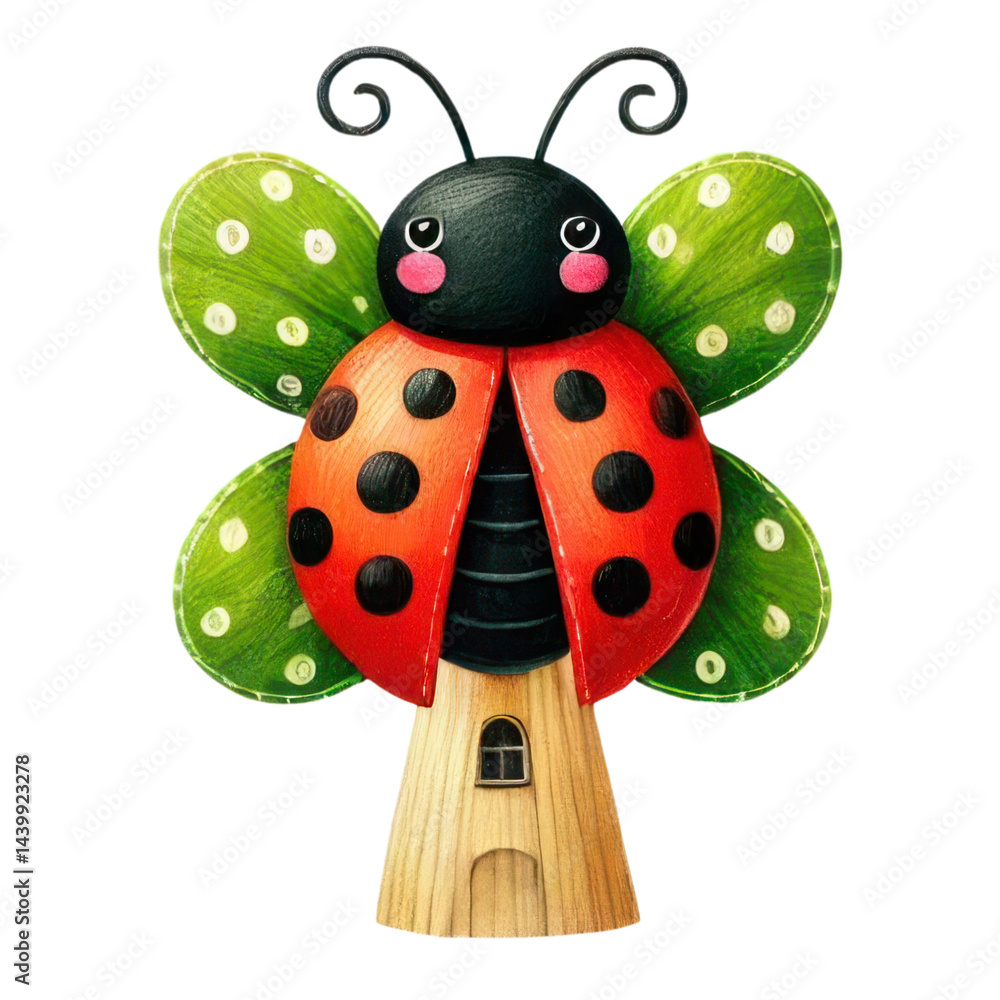 Colorful cartoon ladybug character standing on a wooden house with vibrant green leaves, showcasing a playful and whimsical design for children’s decor