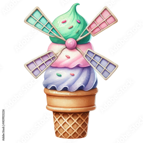 Obraz na płótnie Colorful ice cream cone with mint swirl and decorative wafer sticks in a waffle cone for summer dessert enjoyment and sweet treat delights w salonie