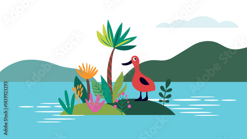 A little lonely duck bird on a desert island