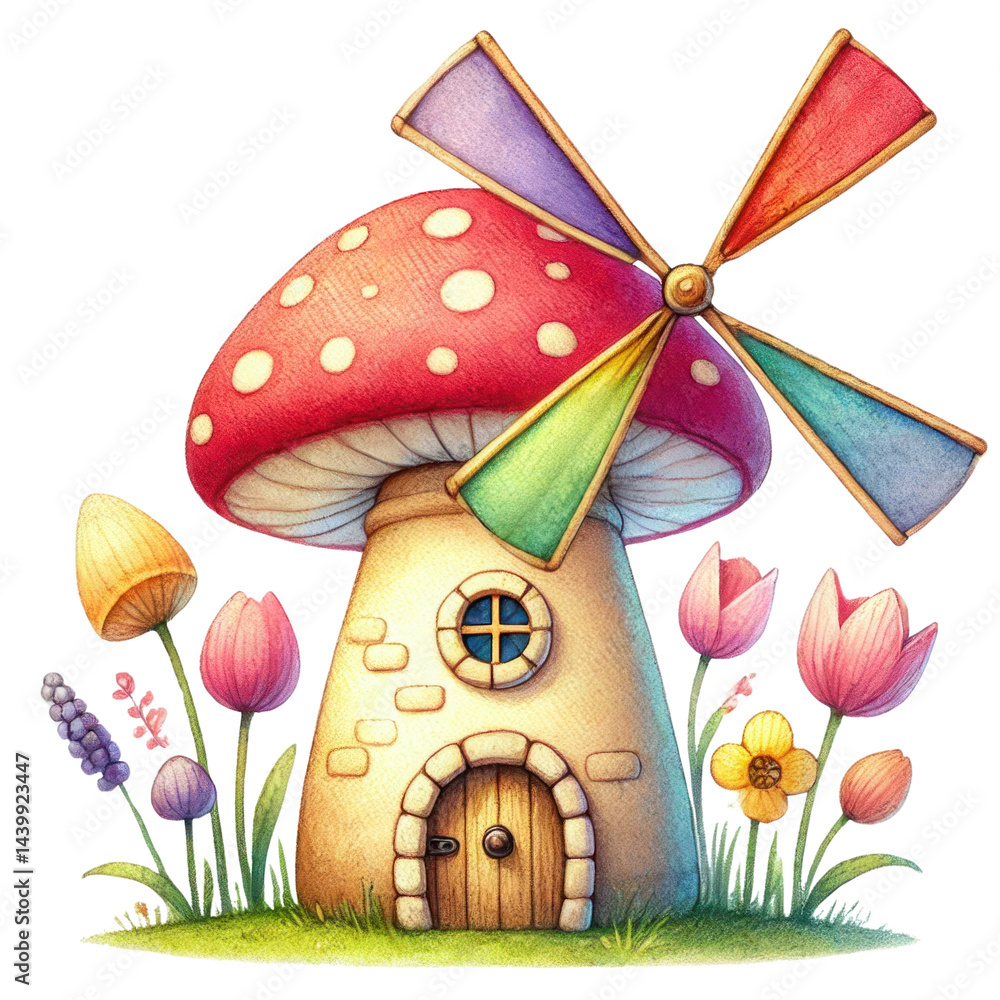 Whimsical Mushroom House with Colorful Windmill Surrounded by Vibrant Flowers in a Magical Garden Setting Ideal for Fantasy Illustrations