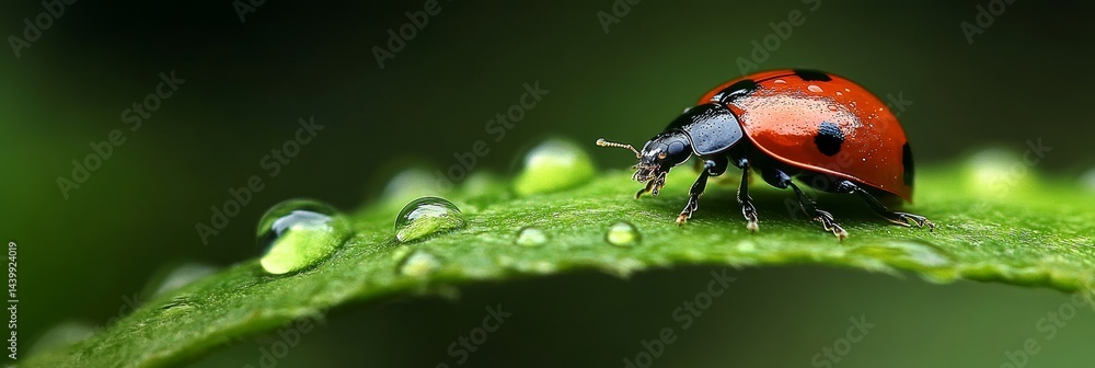 Ladybug exploring a dew-kissed leaf, a macro portrait showing the beauty of nature up close