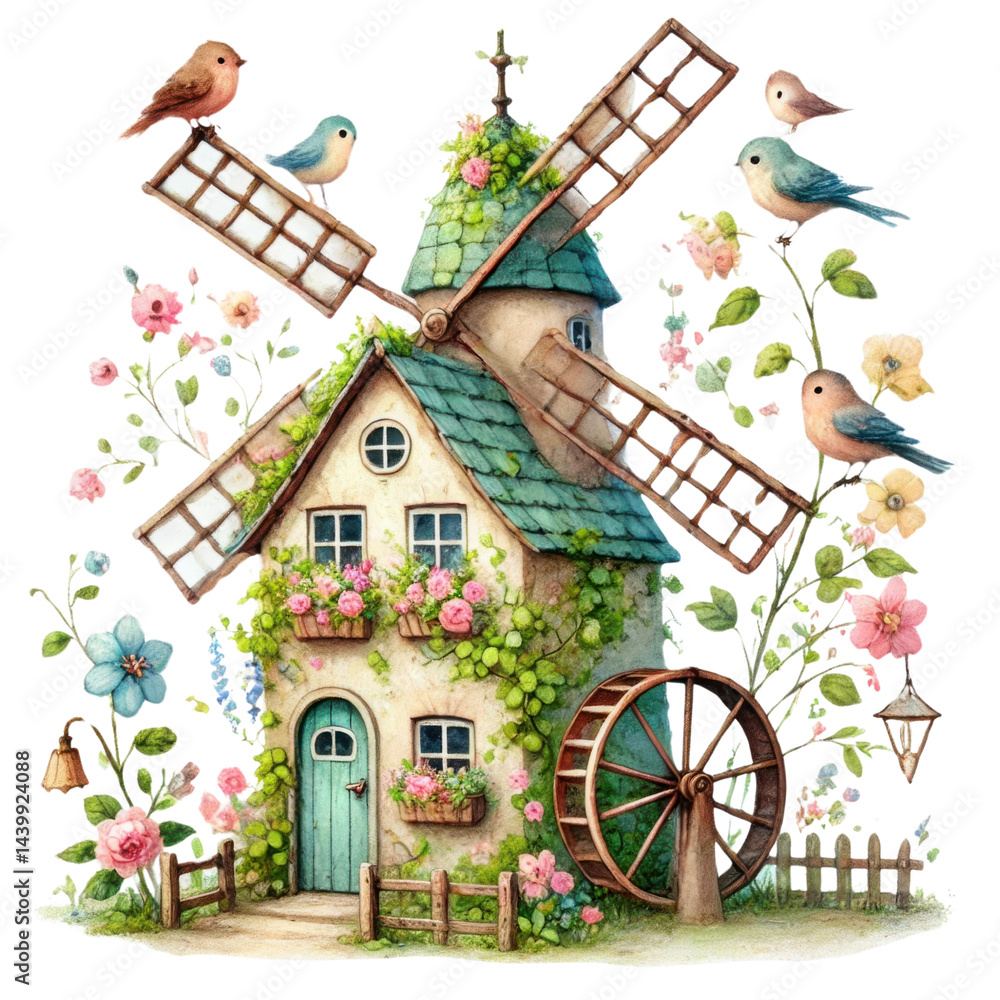 Charming illustrated windmill cottage surrounded by vibrant flowers and cheerful birds, evoking a whimsical fairy tale atmosphere for artistic needs