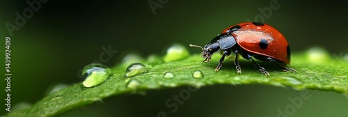 Obraz na płótnie Ladybug exploring a dew-kissed leaf, a macro portrait showing the beauty of nature up close w salonie