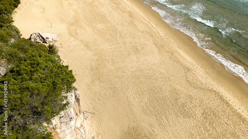 Obraz na płótnie Aerial view of an empty beach. Behind the coast is a forest with trees. On the sand are footprints w salonie