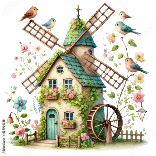 Obraz na płótnie Charming illustrated windmill cottage surrounded by vibrant flowers and cheerful birds, evoking a whimsical fairy tale atmosphere for artistic needs w salonie