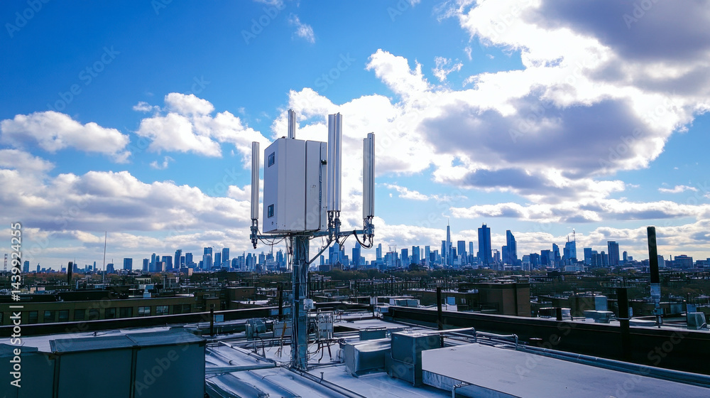 High-tech cellular tower on rooftop with urban skyline and clouds in the background