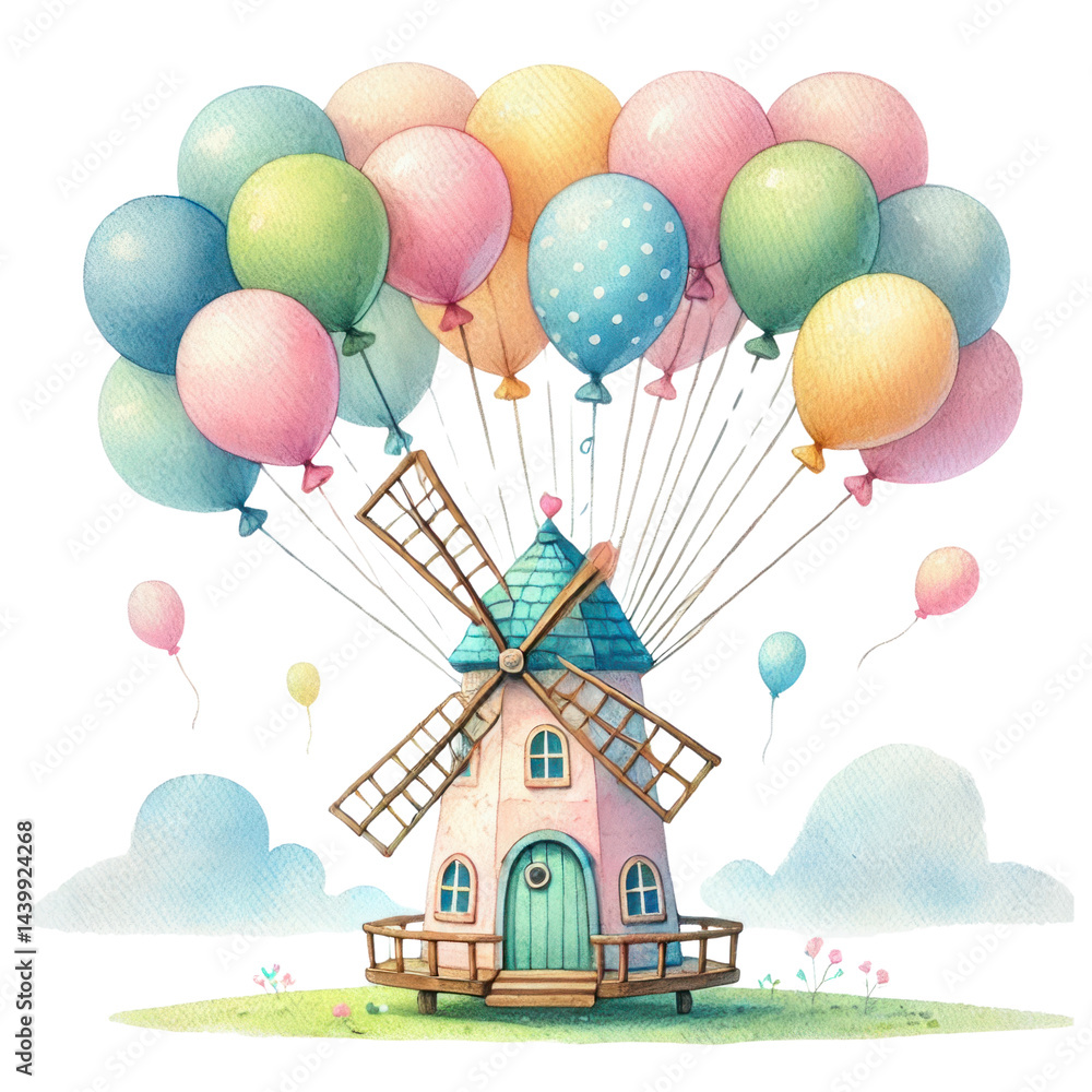 Colorful balloons lifting whimsical windmill in a sunny landscape, perfect for children's themes, celebrations, or playful illustrations