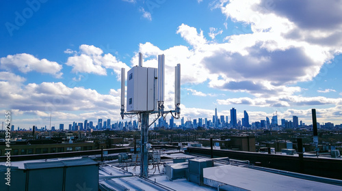 Obraz na płótnie High-tech cellular tower on rooftop with urban skyline and clouds in the background w salonie