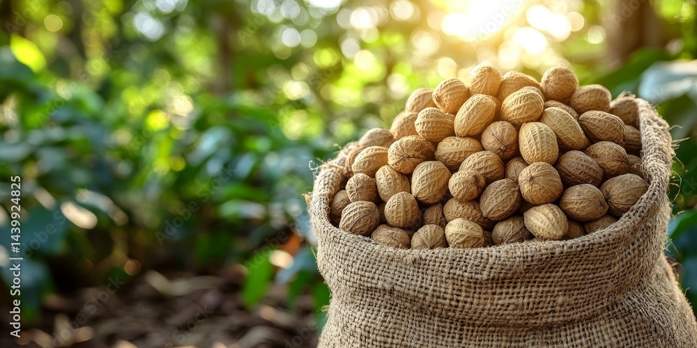Burlap Sack Overflowing With Freshly Harvested Brazil Nuts Against A Lush, Sunlit Grove Background.