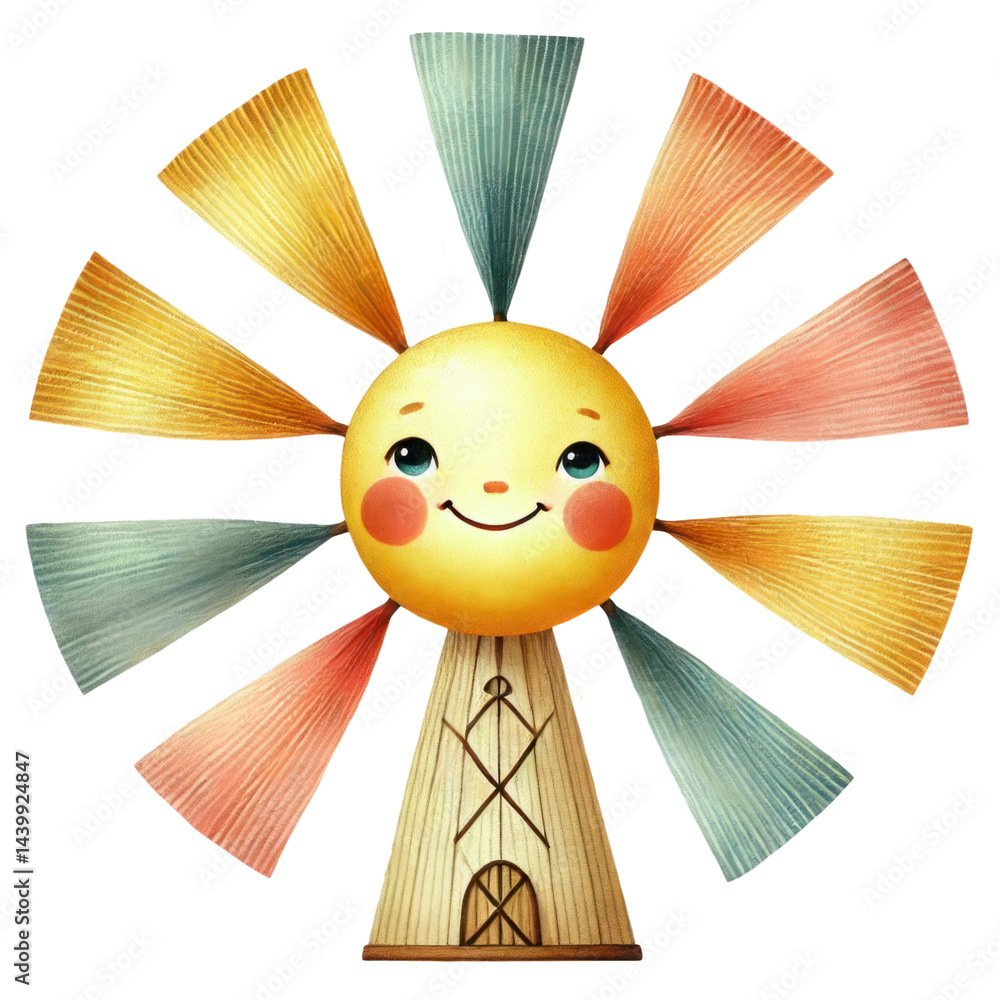 Charming Cartoon Windmill with Colorful Blades and Happy Face Design for Children’s Illustrations and Playful Concept Themes