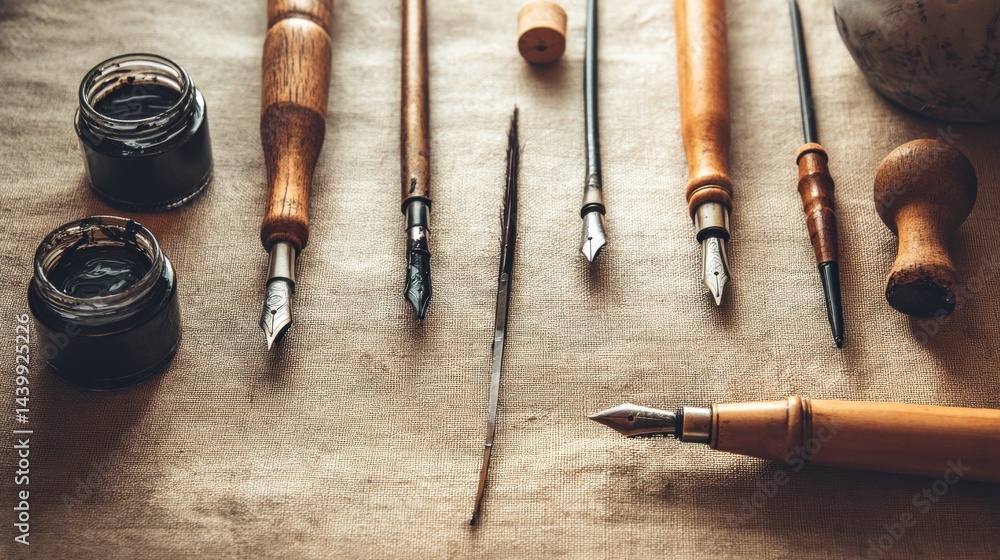Vintage Writing Instruments and Tools on a Rustic Background