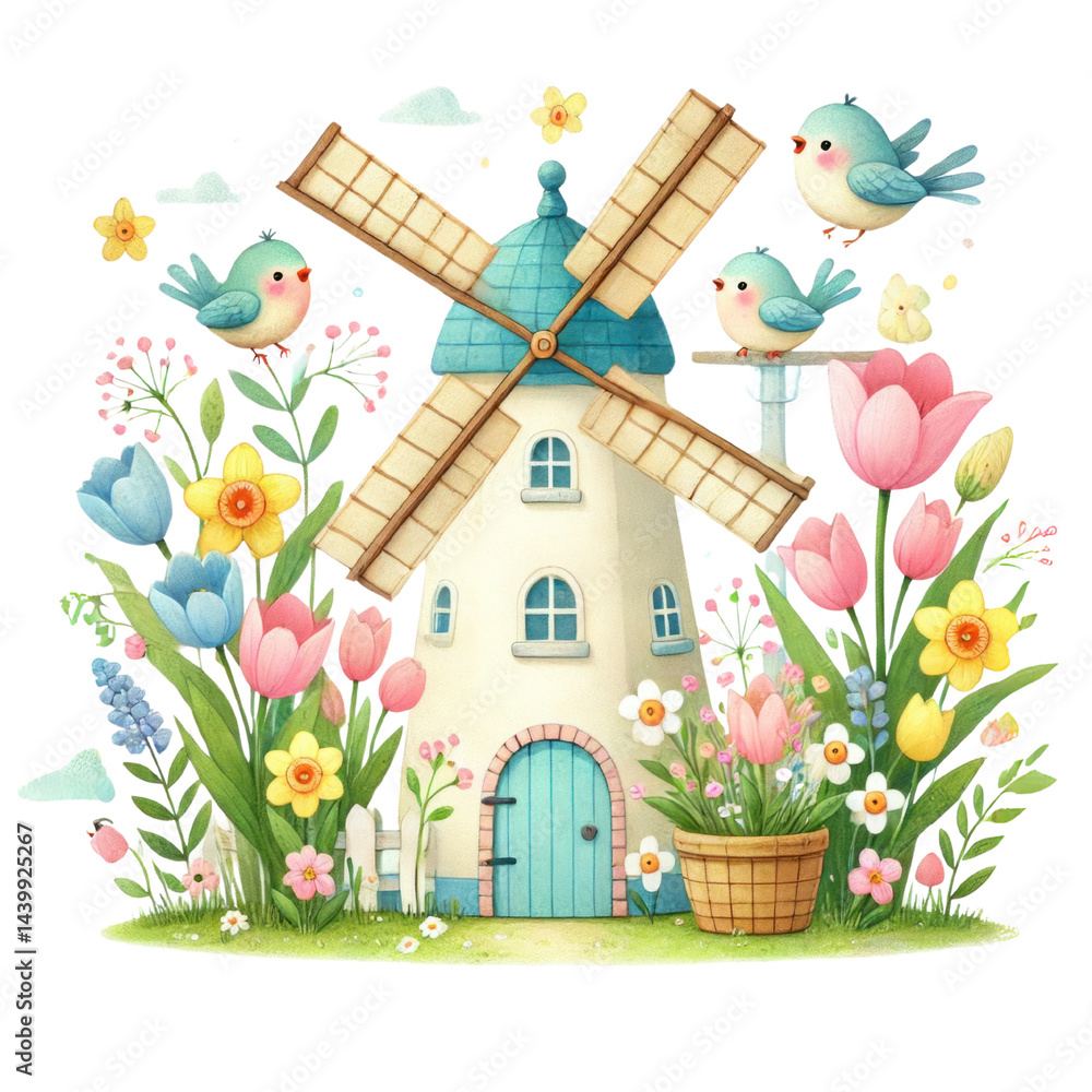 Colorful illustration of a whimsical windmill surrounded by blooming flowers and cheerful birds in a tranquil garden setting