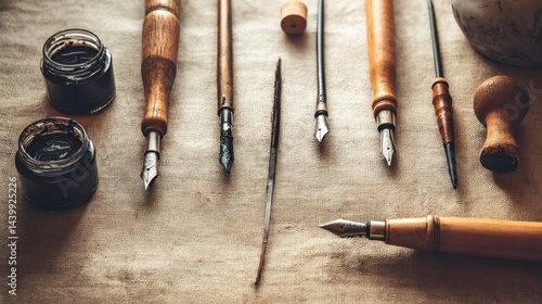 Obraz na płótnie Vintage Writing Instruments and Tools on a Rustic Background w salonie