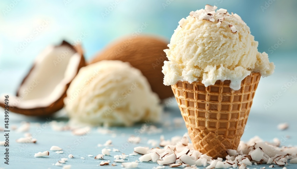Refreshing Scoops Coconut Ice Cream Cone on Summery Beach Scene with Sprinkled Coconut Flakes