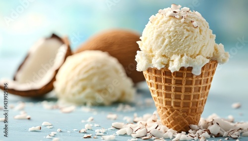 Obraz na płótnie Refreshing Scoops Coconut Ice Cream Cone on Summery Beach Scene with Sprinkled Coconut Flakes w salonie
