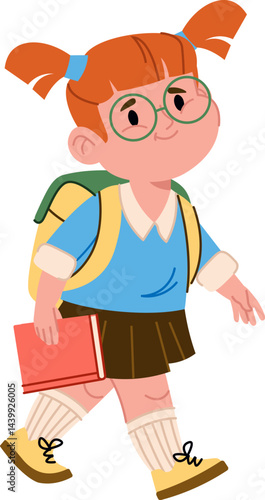 Schoolgirl Walking With Book And Backpack