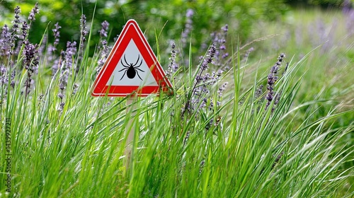 Triangular tick warning sign in lush green grass with purple flowers