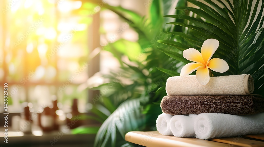 Stacked towels with frangipani flower in a spa-like setting. Stacked towels with frangipani flower in a spa-like setting.