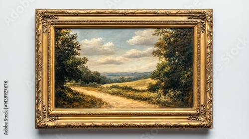 Classic landscape oil painting depicting a scenic countryside view with trees, rolling hills, a cloudy sky, and a vintage ornate gold frame on a light wall photo