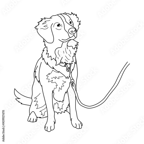 Line art, coloring page. A calm dog on a leash sits nearby