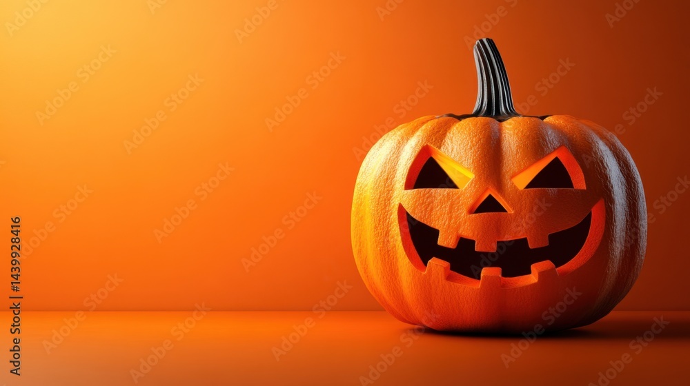 Carved pumpkin with a face on an orange background featuring a glowing 3d cartoon jack-o-lantern design Carved pumpkin with a face on an orange background featuring a glowing 3d cartoon jack-o-lantern design