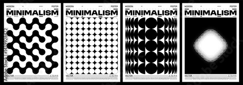 Minimalist geometric posters set. Abstract modern compositions with halftone, pixel and array elements. Vector set 