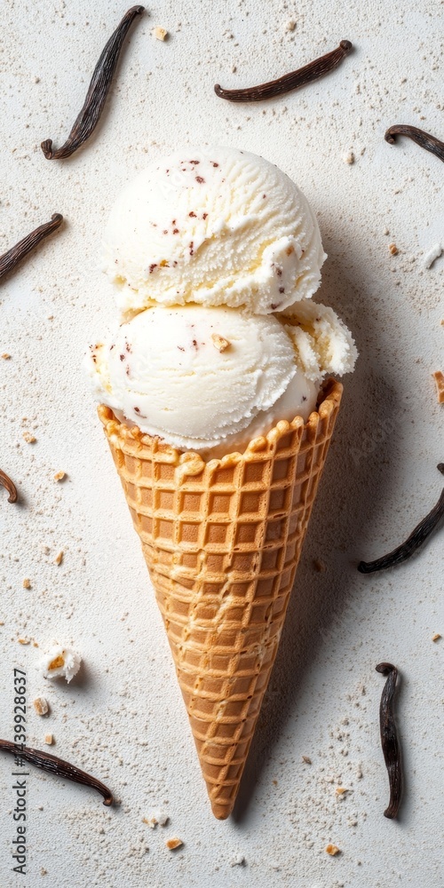 Two Scoops of Delicious Vanilla Bean Ice Cream in a Waffle Cone, Garnished with Fresh Vanilla Beans