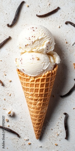Obraz na płótnie Two Scoops of Delicious Vanilla Bean Ice Cream in a Waffle Cone, Garnished with Fresh Vanilla Beans w salonie