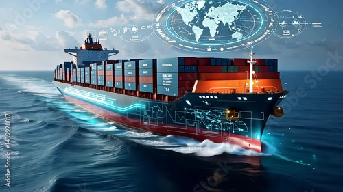 Futuristic cargo ship sailing across ocean with digital global logistics interface overlay and high-tech data visualization on containers

