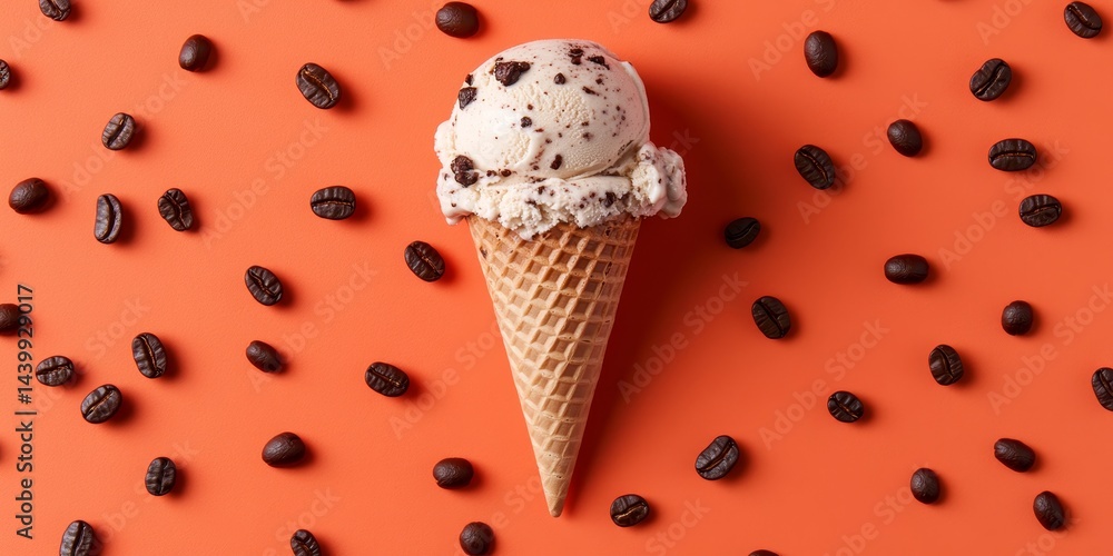 Coffee Ice Cream Scoop in Waffle Cone on a Vibrant Orange Background Decorated with Coffee Beans