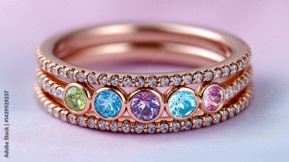 Rose Gold Ring with Multicolored Gemstones and Diamonds Rose Gold Ring with Multicolored Gemstones and Diamonds