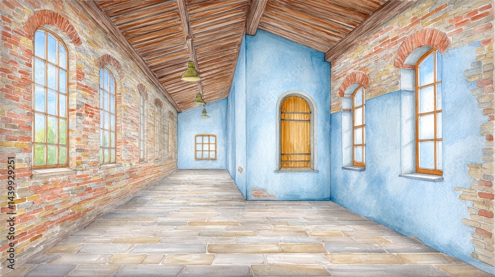 Rustic Building Interior Spacious Room with Exposed Brick and Light Blue Walls Rustic Building Interior Spacious Room with Exposed Brick and Light Blue Walls