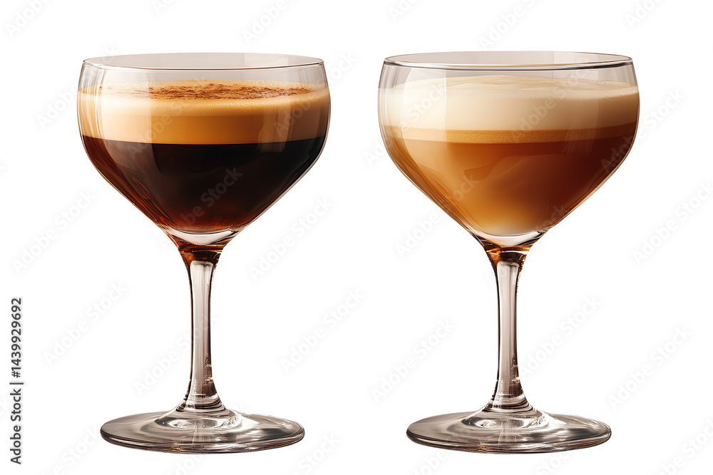 Two coffee martinis in two different glasses on transparent background PNG Two coffee martinis in two different glasses on transparent background PNG