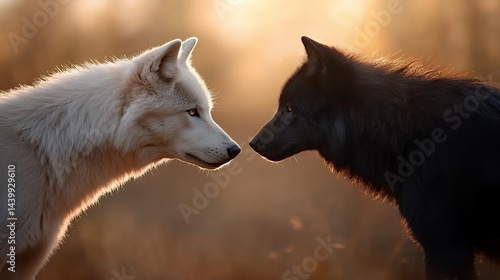 Two Wolves Facing Each Other Against Warm Sunlight