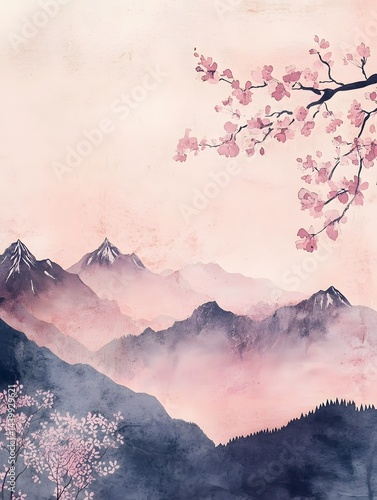Serene Mountains and Cherry Blossoms in Watercolor - Artistic Asian Landscape