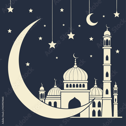 Elegant Eid greeting card featuring a golden crescent moon, shining star, and ornate mosque silhouette on a dark blue background with tiny white stars.