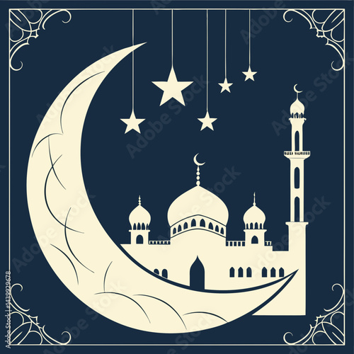 Elegant Eid greeting card featuring a golden crescent moon, shining star, and ornate mosque silhouette on a dark blue background with tiny white stars.