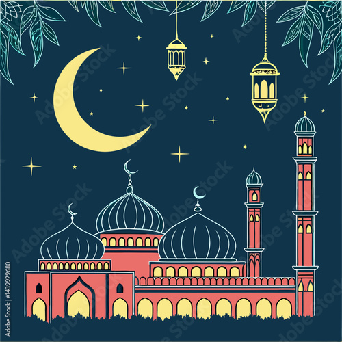 Elegant Eid greeting card featuring a golden crescent moon, shining star, and ornate mosque silhouette on a dark blue background with tiny white stars.