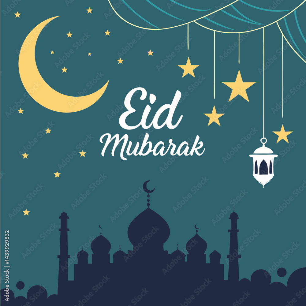 Elegant Eid greeting card featuring a golden crescent moon, shining star, and ornate mosque silhouette on a dark blue background with tiny white stars. Elegant Eid greeting card featuring a golden crescent moon, shining star, and ornate mosque silhouette on a dark blue background with tiny white stars.