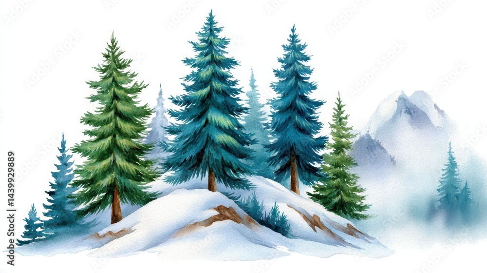 Fototapeta premium Serene Winter Landscape Painting Snow Covered Hills with Evergreen Trees and Mountain Range