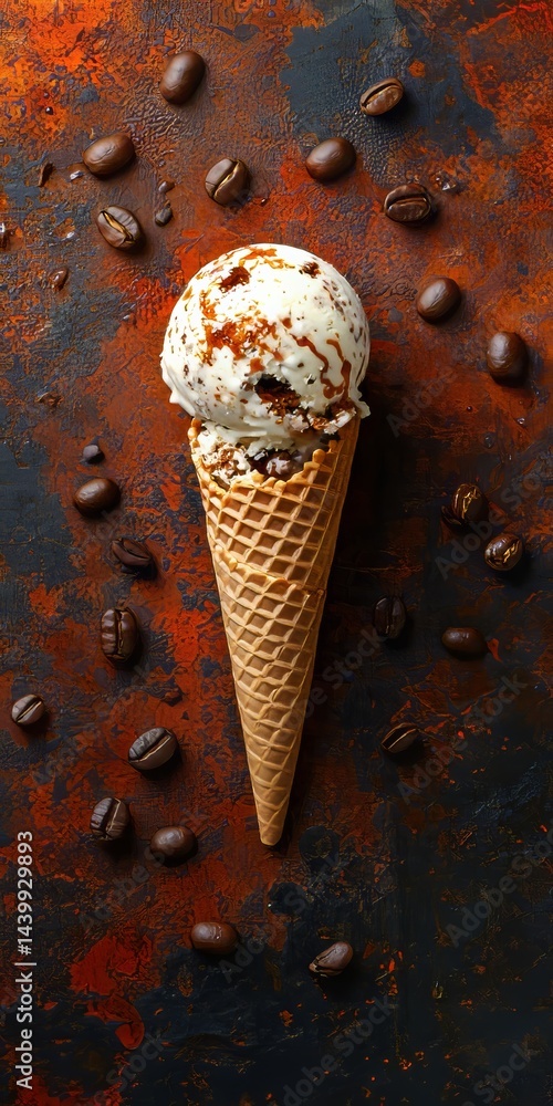 Delicious Coffee Ice Cream Scoop in Waffle Cone on Rusty Background, Decorated with Coffee Beans