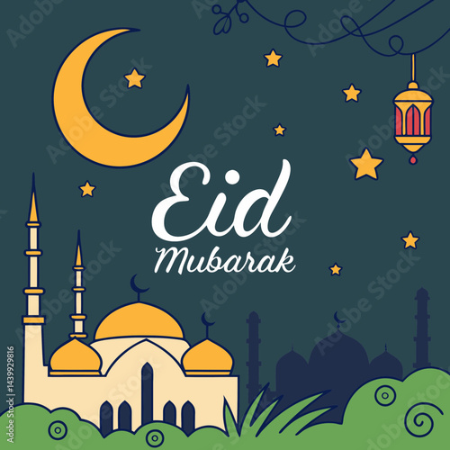 Elegant Eid greeting card featuring a golden crescent moon, shining star, and ornate mosque silhouette on a dark blue background with tiny white stars.