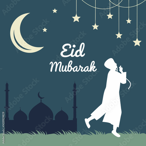 Elegant Eid greeting card featuring a golden crescent moon, shining star, and ornate mosque silhouette on a dark blue background with tiny white stars.